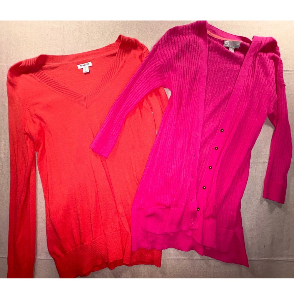 Old Navy Coral V-Neck Sweater & JCP Hot Pink Linen Blend Cardigan Set Small
